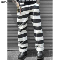 Amekaji Cargo Pants Men's Black White Striped Canvas Biker Trousers Straight-leg Cotton Casual Pants Vintage Durable Work Pants