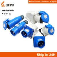 WEiPU TYP 3Pin 32A IP44 Electric Power Plug Docking Wall Surface Mount Socket Inlet Connector for Factory Metro Stadium Industry