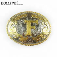 The Bullzine western flower with letter "F" belt buckle with silver and gold finish FP-03702-F for 4cm width snap on belt