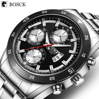 Bosck Casual 30M Waterproof Multiple Time Zone Men's Luxurious Quartz Watch Tempered Glass Luminous Stainless Steel Strap Watch