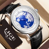 LIGE Mens Watches Blue Planet Creative Earth Fashion Quartz Wristwatch Leather Sport Watch for Men Luminous Clock Man with Box