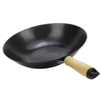 wooden handle cast iron hand made iron wok flat bottom round bottom non stick wok gas cooker household cooking Chinese pan wok