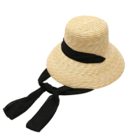 Lady Bow Tie Decoration Black White Long Strap Natural Wheat Grass Hat Summer Big Brim Sunshade Straw Hat