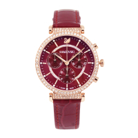 【SWAROVSKI 施華洛世奇】PASSAGE CHRONO 紅色典雅三眼計時皮革錶帶腕錶 手錶 女錶 母親節(5580345)
