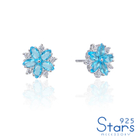 【925 STARS】純銀925閃鑽藍色水晶花朵造型耳環(純銀925耳環 水晶耳環 花朵耳環)
