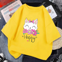 SWELEE at0123 Áo thun nam nữ cotton form rộng tay lỡ unisex hình in mèo hoa happy