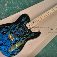Black Electric Guitar Blue Fire Pattern Basswood Body Maple Neck Gold Fixed Bridge Pearl Knob