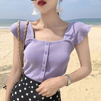 糖果色 飛袖 遮手臂 針織 背心 單釦 顯瘦 上衣 T 遮副乳 性感 爆乳 百搭 彈性 一字領 韓國 ANNA S.