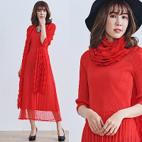 M@F摺衣 披肩網紗壓褶洋裝(含披肩)-紅色