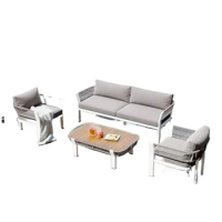 4 Piece Rattan Conversation Sofa Set with Loveseats, Two Single Chairs, Wooden Coffee Table Four Wat