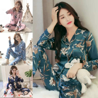 Piyama lengan panjang bersaiz besar M-5XL untuk wanita, pakaian tidur sutera, set satin, pakaian tid