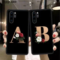 Custom name Letter Monogram Black Silicone Phone Case For Huawei P10 P20 P30 Lite Pro Cover flower Case For Huawei P30Lite Shell