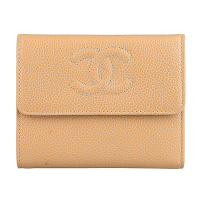 展示品 CHANEL雙C縫線LOGO荔枝紋牛皮3卡扣式中夾(米)