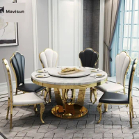 Table With Turntable For Large Villa Restaurant Marble Top Round Dining Table Set 6 Chairs Modern Simple Stainless Steel Frame