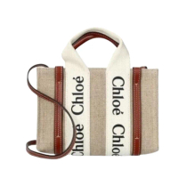 【Chloe’ 蔻依】WOODY MINI 迷你 棕色牛皮 亞麻帆布 托特包 手提包 斜背包(爆款立挺帆布包)
