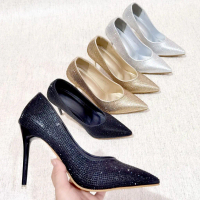 YKshoes 1665 heels 11cm black gold silver pump pesta ketutup hak pendek rhinestone heels