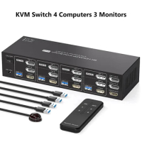 2Displayport+HDMI KVM Switch 4 Computers 3 Monitors 8K@60Hz 4K@60Hz Displayport KVM Switch 4 Computers Support IR Remote Switch