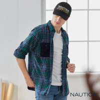 【NAUTICA】男裝 撞色拼接格紋長袖襯衫(綠色)