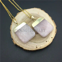 MY0852 Rectangular Rose Crystal Quartzs Pendant With Gold Color Cap Necklace,Square Pink Crystal Pendant Necklace Gold Chain