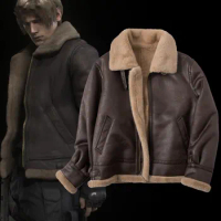 Biohazard RE 4 Leon Scott Cosplay Costume Brown Faux Leather Jacket