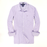 美國百分百【全新真品】Tommy Hilfiger 襯衫 TH 上衣 長袖 休閒衫 工作衫 紫色 條紋 純棉 男衣 L號