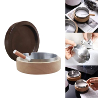 Ashtray For Outside With Lid, Wind Ashtray For Outside Balcony, Ashtray Stainless Steel + Wood Odor-Proof Smoking