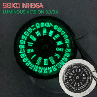 Japan Genuine NH36A Movement Green/Blue Luminous Day/Date Wheel Crown at 3.0/3.8 Modification SEIKO NH36/4R36A Fit Tuna/Turtle