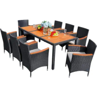 9 Piece Patio Dining Set Outdoor Acacia Wood Table and Chairs with Soft Cushions Wicker Patio Furniture for Deck Patio Table