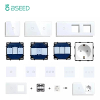 BSEED Wall Touch Switch 1/2/3Gang 1/2Way Light Switch Dimmer Function Parts Glass Panel Frames EU Wall Sockets DIY Parts White