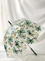 拱形復古透明傘女 蝴蝶印花蘑菇傘彎柄長柄傘半自動直桿雨傘