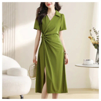 【MsMore】大碼法式收腰遮肚顯瘦polo領短袖連身裙長版洋裝#121402(黑/果綠)