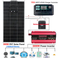 110V/220V Solar Power System 300W 18V Solar Panel 150A Charge Controller 3000W DC to AC Inverter Emergency Power Generation Kit
