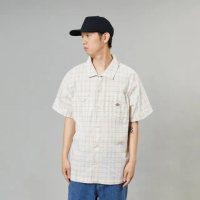 【Dickies】男款白格紋純棉泡泡紗Logo織標休閒短袖襯衫｜DK012915H77