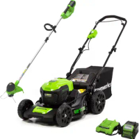 Greenworks 40V 21" Brushless Cordless Electric Lawn Mower, String Trimmer, 5.0Ah Battery and Charger