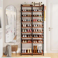 Open Shoe Cabinet 9-Tier Tall Wooden Shoe Rack with Side Hooks for Entryway Freestanding 36 Pairs Wood Shoes Storage