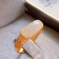 【墜享】古法金天然和田白玉碧玉戒指情侶款開口可調節復古銀飾品