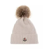 Moncler Kids Girls Wool Beanie with Pom Pom Light Beige M Nude