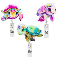 Acrylic Colorful Sea Creature Badge Reel Sea Turtle Retractable Badge Holder Clips Nurse Doctor ID Card Holder Office Supplies
