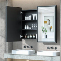 TokeShimi Medicine Cabinet 36x32 Bathroom Vanity Mirror Black Metal Framed Recessed or Surface Wall Mounted with Aluminum Alloy