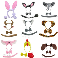 9 Pack Animal Ear Headbands Plush Tail Bow Tie Costume Birthday Party Bunny Dog Pig Giraffe Tiger Wolf navidad Christmas