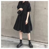 【MsMore】復古小黑裙大碼短袖遮肚顯瘦連身裙短版洋裝#121228(黑)