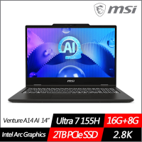 MSI微星 Venture 14 AI A1MG-004TW 14吋商務筆電 Ultra 7 155H/16G+8G/2TB PCIe SSD/Win11/特仕版)