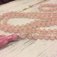 Natural 8MM RoseQuartz 108 Mala Beads Necklace Meditation Beads108 Knotted Mala Loving Energy Jewelry Fashon Pink Necklace