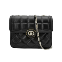 Gucci 古馳 展示品 Deco 牛皮方格拼菱格銀釦掀蓋練包-小(740834-黑)