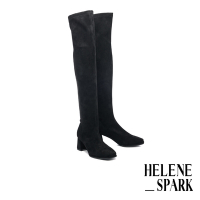 長靴 HELENE_SPARK 輕奢時髦感彈力麂布方頭高跟過膝長靴－黑