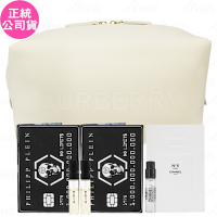 BURBERRY 米色太空棉化妝包+PHILIPP PLEIN 無限黑卡淡香精試管(1.5ml)*2+CHANEL 香奈兒 N°5 L EAU清新晨露淡香水(針管)(1.5ml)(公司貨)
