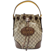 【GUCCI 古馳】473875 經典GG Supreme帆布印花皮革飾邊束口手提斜背後背水桶包(棕色)
