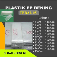 1 Rol Plastik PP Bening Tebal 05 panjang250 Meter Lebar 5-15 Cm Kualitas Super untuk Selang Irigasi