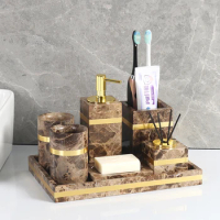 Dark Emperador Natural Marble Bathroom Accessories Gold Luxury Soap Dispenser Soap Dish Toothbrush H