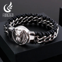 Fongten Wolf Chain Bracelet For Men Braid Stainless Steel Black Color Leather Men's Bracelets Bangle Wristband Jewelry